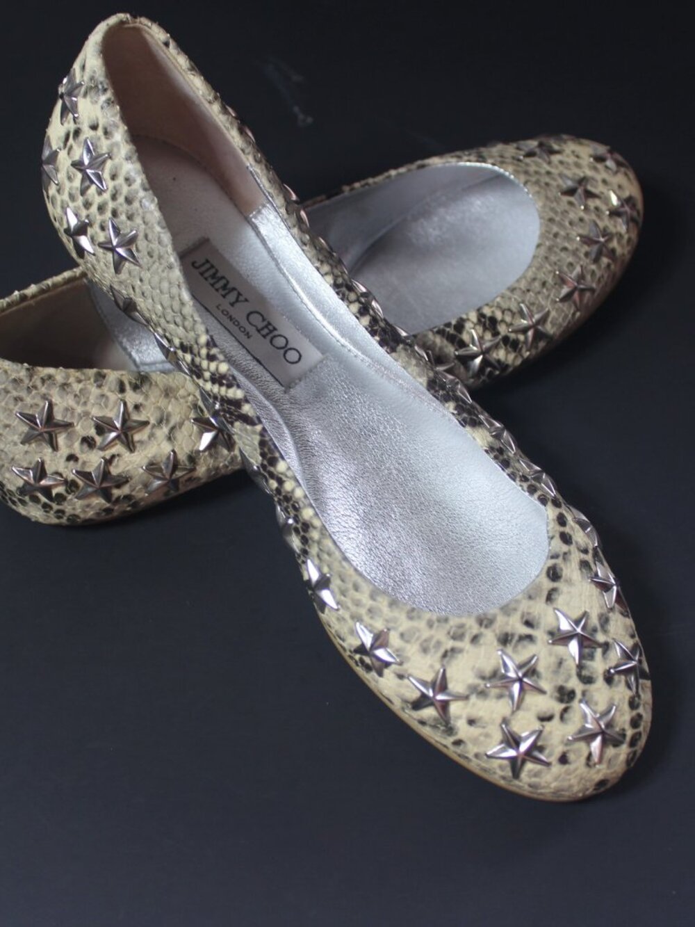 JIMMY CHOO Womens  STUDDED SNAKE PRINT BALLET Shoes SZ (37.5)  7-7.5